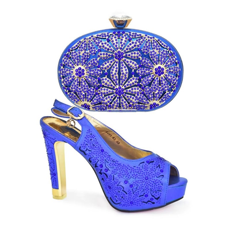 حفل مع صنادل مرنة ذات كعب عالٍ ورأس دائري على شكل فم سمكة مع حقيبة يد مرصعة بالألماس - Image 5